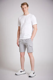 Mens grey cargo shorts slim fit front view UK